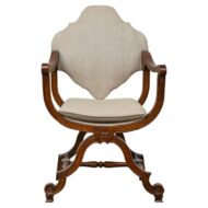 Italian 19th Century Walnut Curule Upholstered Armchair with Carved X-Form Base