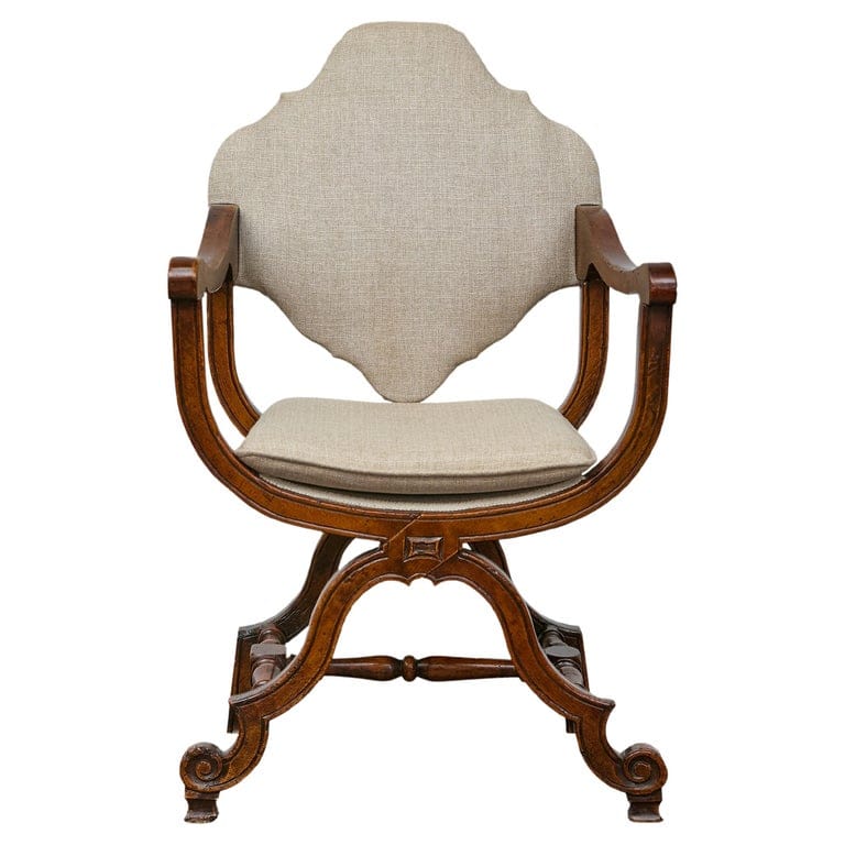 Italian 19th Century Walnut Curule Upholstered Armchair with Carved X-Form Base