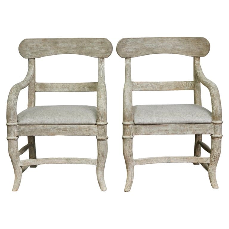 Pair of Swedish Midcentury Whitewash Upholstered Armchairs, Scandinavian Modern