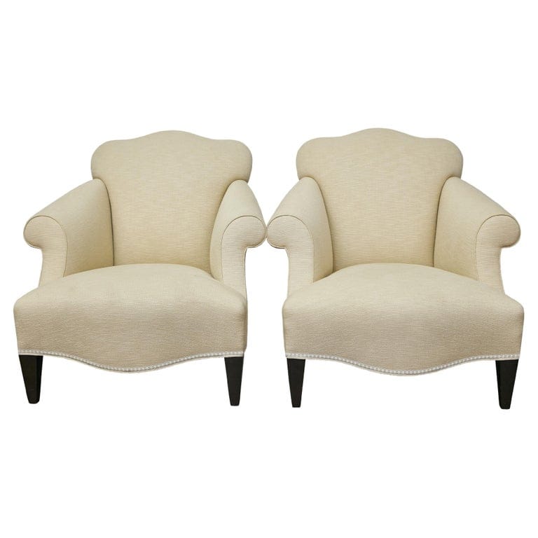Pair of Vintage French Lounge Chairs with Camelbacks, Rolled Arms, Ebonized Legs
