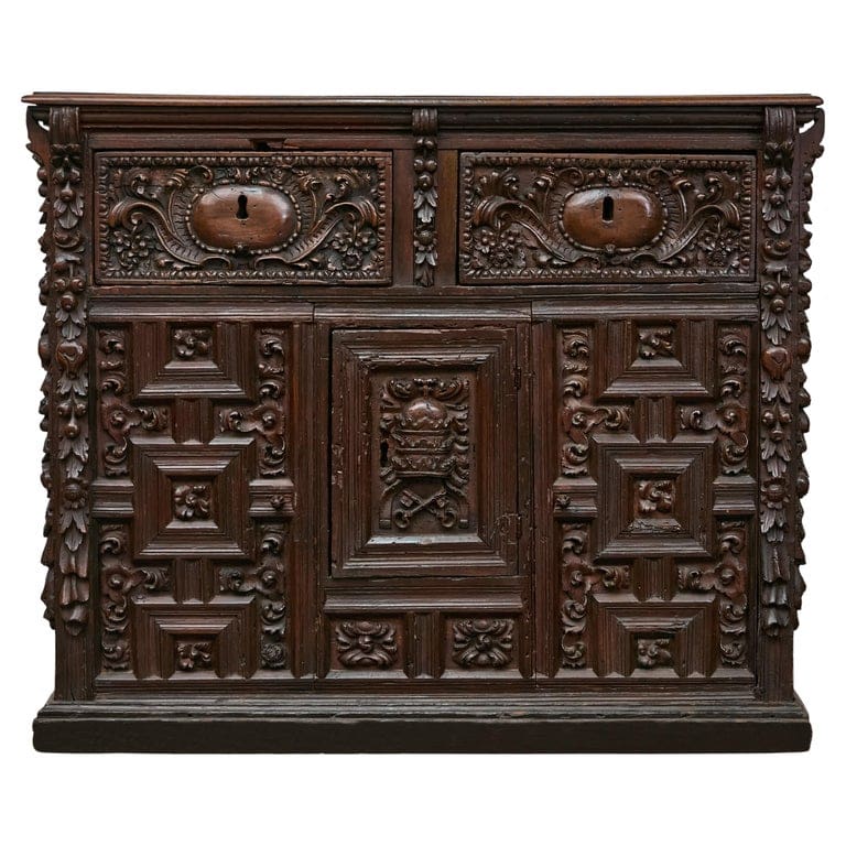 Spanish Renaissance 1680s Walnut Spice Cabinet with Foliage Carved Décor