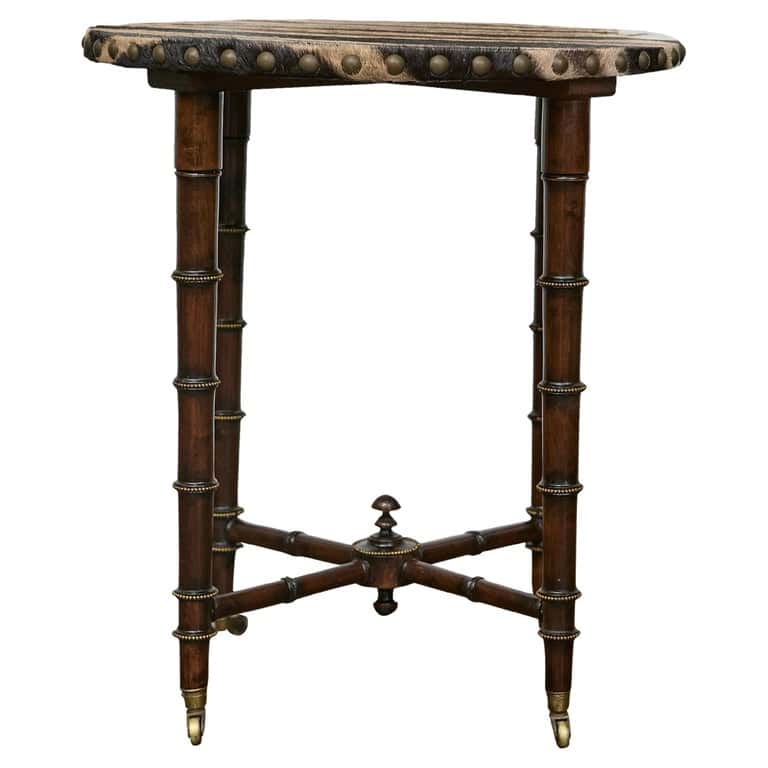 19th Century English Faux Bamboo Side Table with Zebra Hide Top and Casters