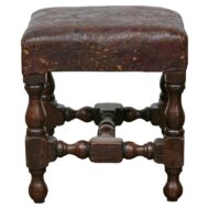 19th Century English Oak Footstool with Leather Seat and Turned Legs
