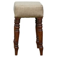 English 19th Century Petite Oak Stool with Turned Legs and Linen Upholstery