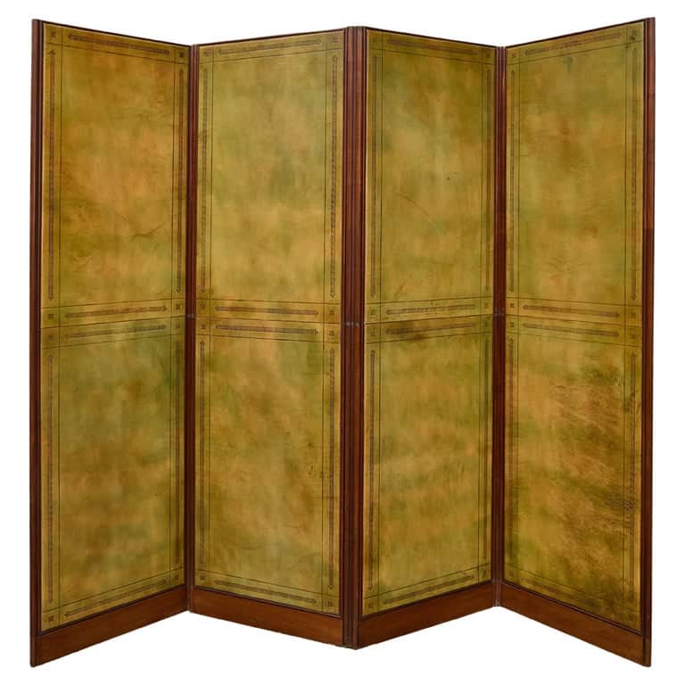Antique English Leather Four-Panel Room Divider, Early 1900s Decorative Screen