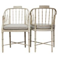 Baker Furniture Faux Bamboo Accent Chairs with Upholstered Linen Cushions, Pair