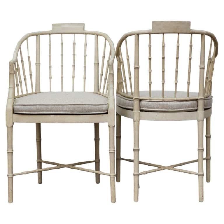 Baker Furniture Faux Bamboo Accent Chairs with Upholstered Linen Cushions, Pair