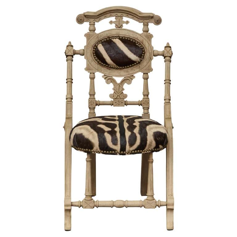 English 1880s Aesthetic Movement Carved Oak Chair with Zebra Upholstery