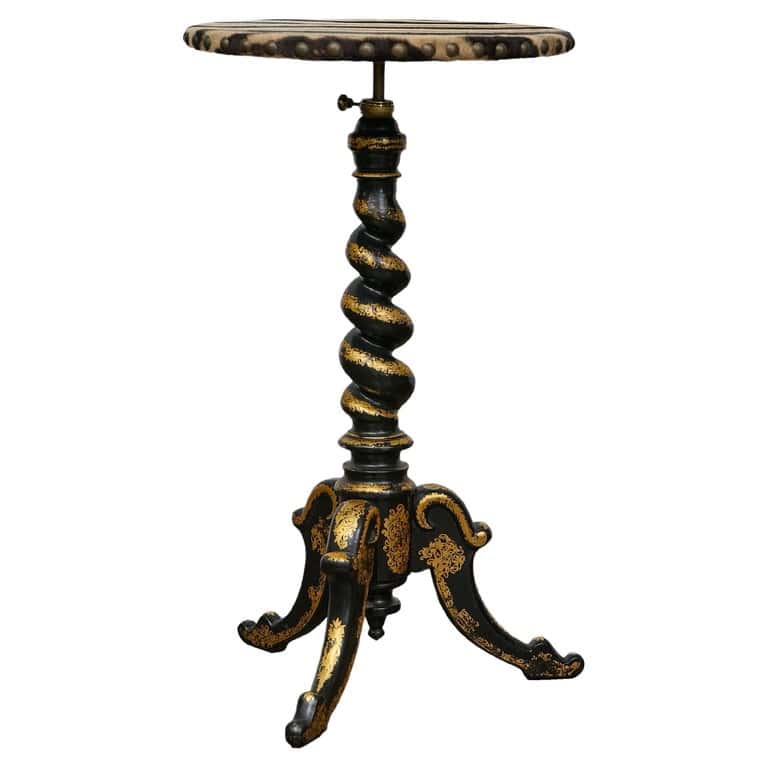 English Ebonized Barley Twist Pedestal Table with Zebra Hide and Gilt Detailing