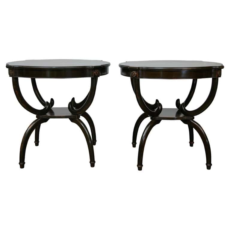 English Midcentury Period Dark Lacquered Side Tables with Neoclassical Accents