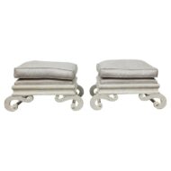 Pair of 1920s Continental Upholstered Ottomans with Carved S-Scroll Bases