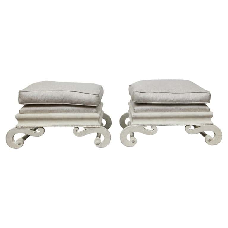 Pair of 1920s Continental Upholstered Ottomans with Carved S-Scroll Bases