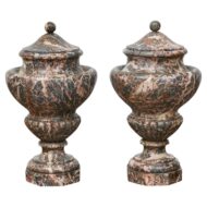 Pair of 19th Century Italian Neoclassical Rouge Marble Lidded Urns with Gadroons
