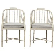 Pair of Baker Furniture Faux Bamboo Upholstered Armchairs in Soft White Finish