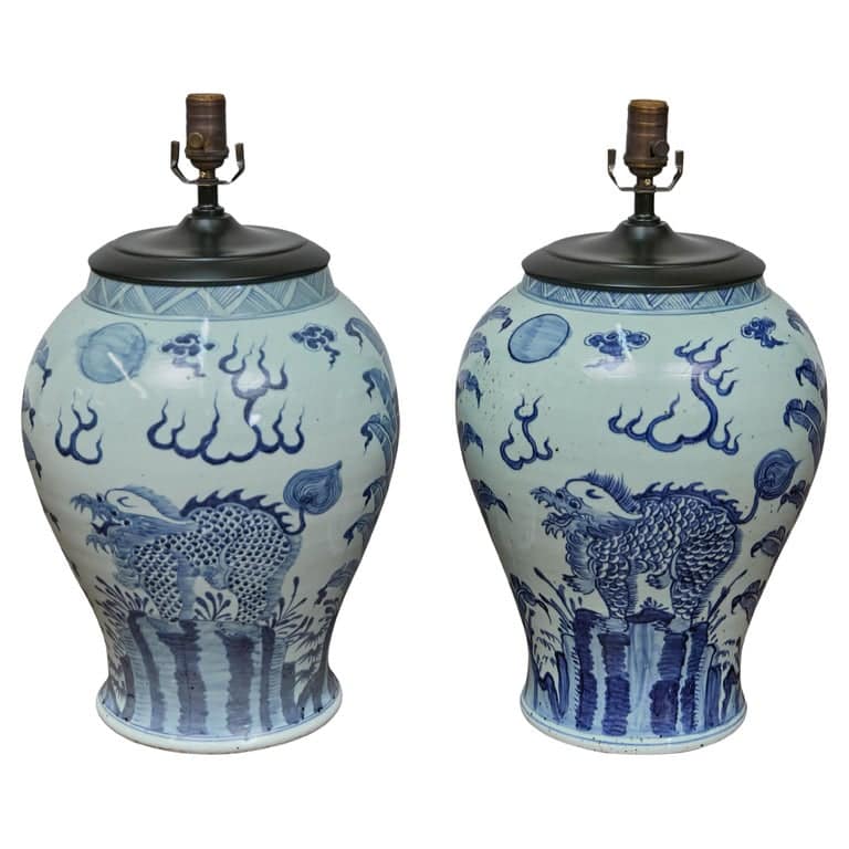 Pair of Blue and White Porcelain Qilin Altar Vessels, circa 1920, as Table Lamps