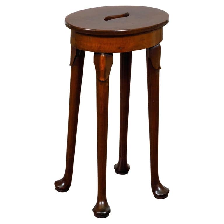 19th-Century English Walnut Stool with Hand-Cut Central Handle and Pad Feet