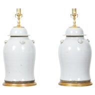 Pair of White Porcelain Lidded Urns Made into US-Wired Table Lamps on Gilt Bases