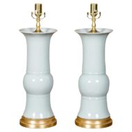 White Porcelain Table Lamps on Custom Giltwood Bases, a Pair Wired for the USA