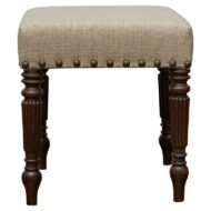 English Mahogany 19th Century Stool with Turned Legs and Custom Linen Upholstery