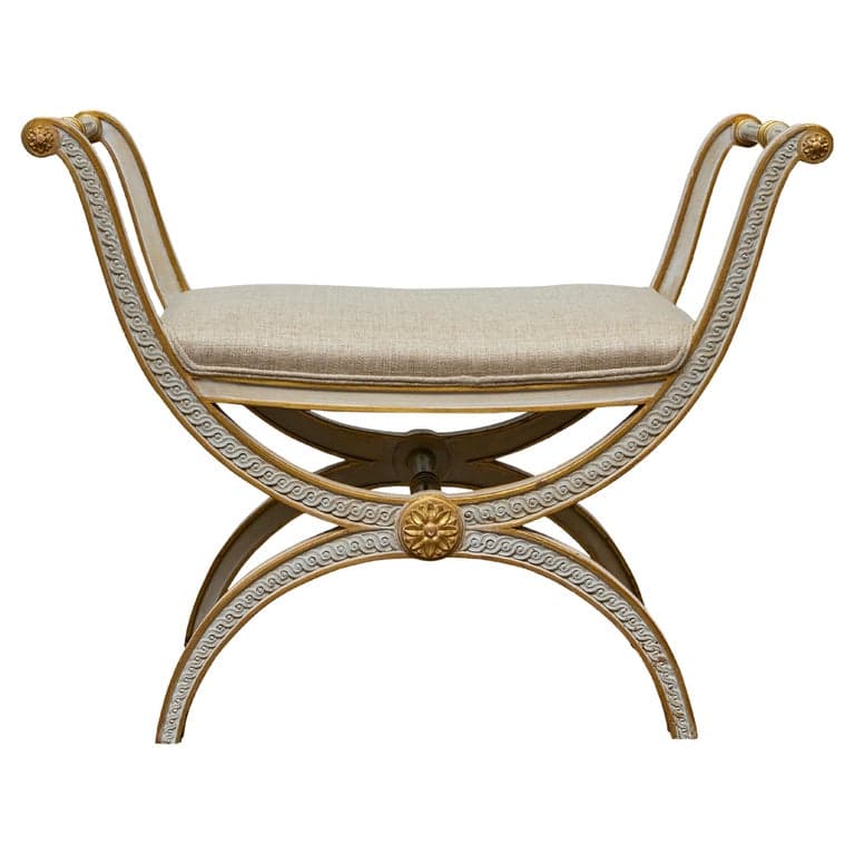 French Neoclassical Style Curule Stool, Gilded Wood and Upholstered Seat