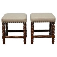 Pair of English 19th Century Hardwood Bobbin Stools with Linen Upholstery