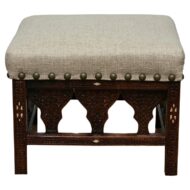 Antique Moroccan Hand-Carved Stool with Custom Linen Upholstery, Circa 1900