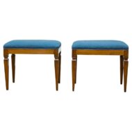 Pair of German Biedermeier Benches with Blue Upholstery and Tapered Legs