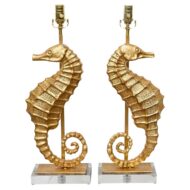 Pair of Gilt Metal Seahorse Table Lamps on Lucite Bases, Wired for USA