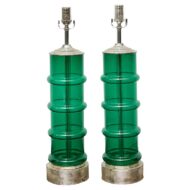 Pair of Italian Midcentury Ribbed Green Glass Lamps with Silver Bases, US Wired