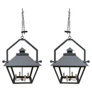 Pair of Large Iron Lanterns with Four Lights and Architectural Design