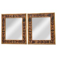 Pair of Painted Wood Mirrors with Bamboo Frames and Tribal Motif Detailing