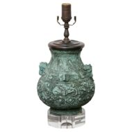 Asian Bronze Vessel Table Lamp with Verdigris Patina on Lucite Base, circa 1900