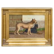 Continental Oil Painting of Two Dogs in Courtyard, circa 1900 - Gilt Frame