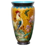 French Majolica Vase with Rooster, Irises, and Butterfly, circa 1900