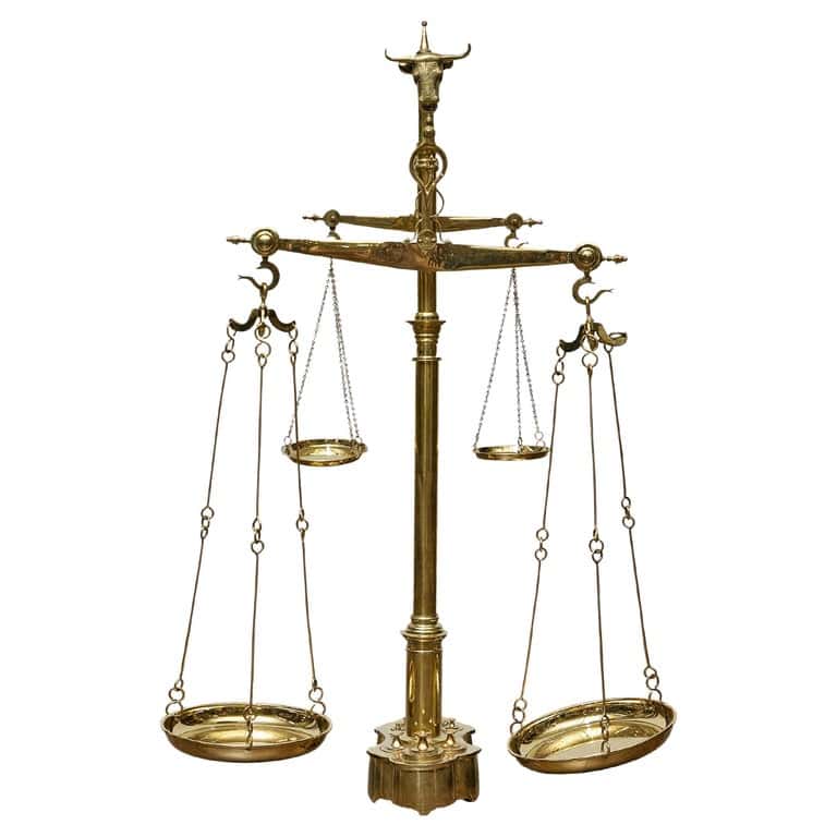Large 19th Century English Brass Scale with Weights and Bull Finial