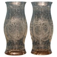 Pair of 19th Century English Etched Glass Hurricanes with Foliate Medallions