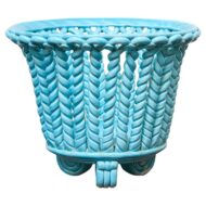 Turquoise Woven Porcelain Cachepot on Scroll Feet, Spain Midcentury