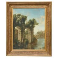 19th-Century Italian Oil on Canvas Classical Landscape with Arch Bridge Ruin