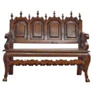 English Carved Oak Bench with Finials and Shaped Apron, 19th Century