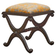 English Ebonized Stool with Fortuny Upholstery and Painted Chinoiserie Motif
