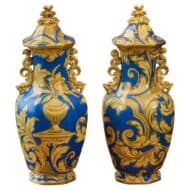Pair of English 1840s Mason’s Ironstone Lidded Vases with Blue & Gilt Scrollwork