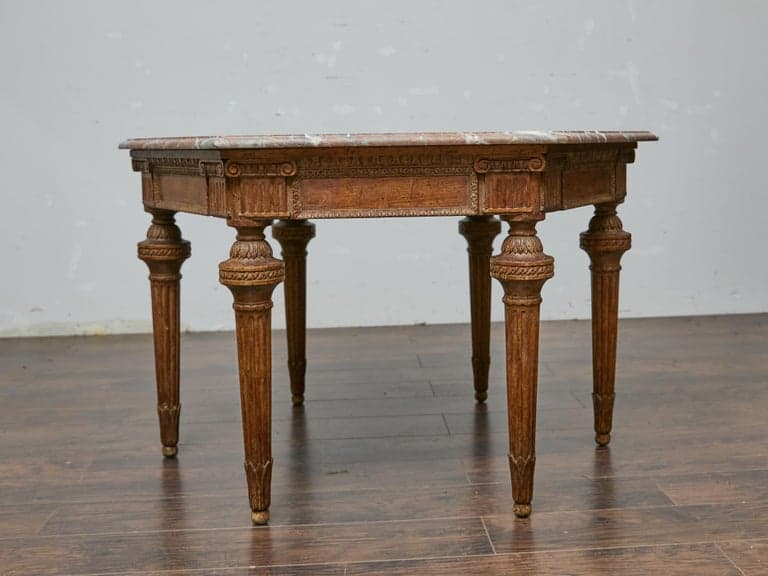 Italian Louis XVI Style Walnut Carved Table with Hexagonal Marble Top - Image 11