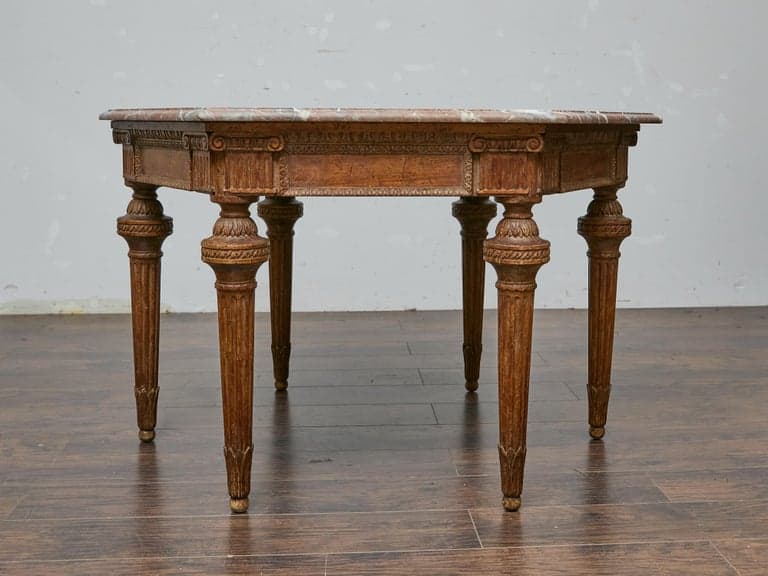 Italian Louis XVI Style Walnut Carved Table with Hexagonal Marble Top - Image 10