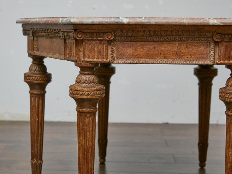 Italian Louis XVI Style Walnut Carved Table with Hexagonal Marble Top - Image 9