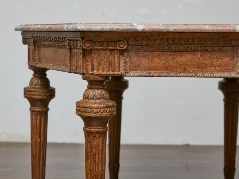 Italian Louis XVI Style Walnut Carved Table with Hexagonal Marble Top - Image 8