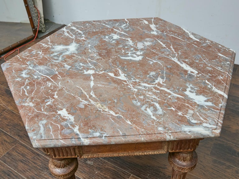 Italian Louis XVI Style Walnut Carved Table with Hexagonal Marble Top - Image 3