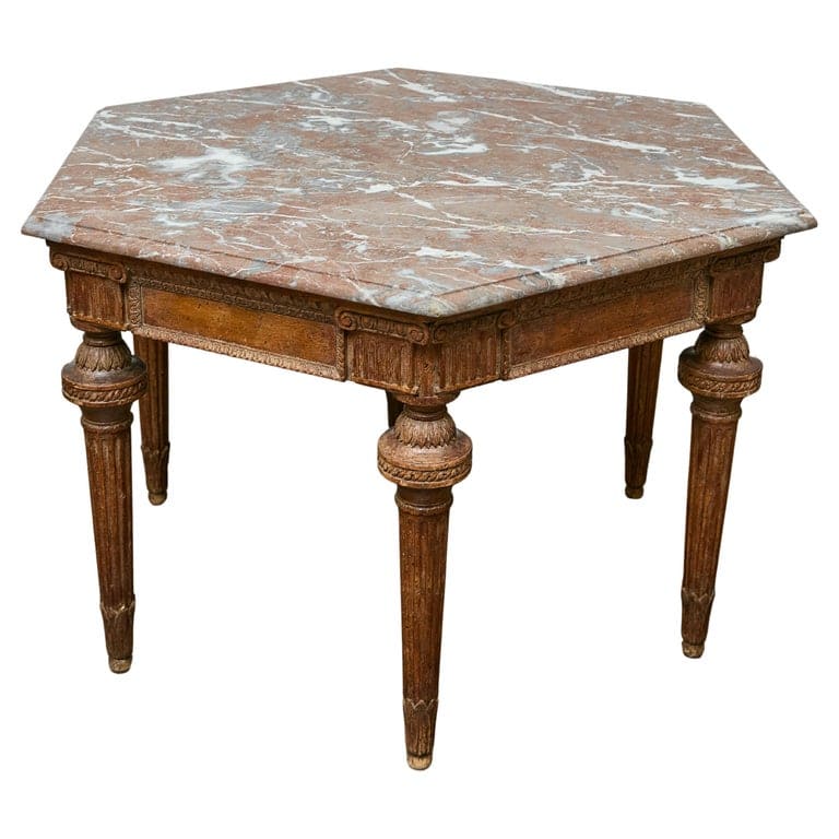 Italian Louis XVI Style Walnut Carved Table with Hexagonal Marble Top