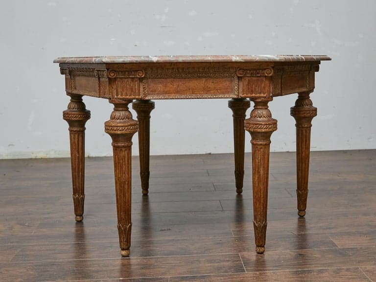 Italian Louis XVI Style Walnut Carved Table with Hexagonal Marble Top - Image 2