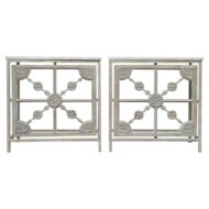 Pair of French Painted Iron Consoles with Carved Wood Panels and Marble Tops
