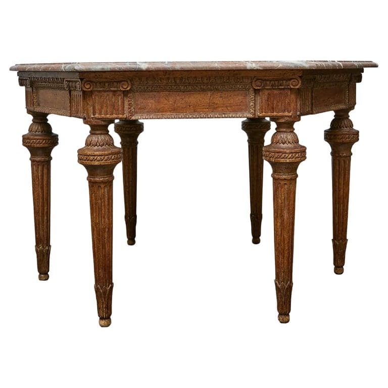 Italian Louis XVI Style Walnut Carved Table with Hexagonal Marble Top - Image 13